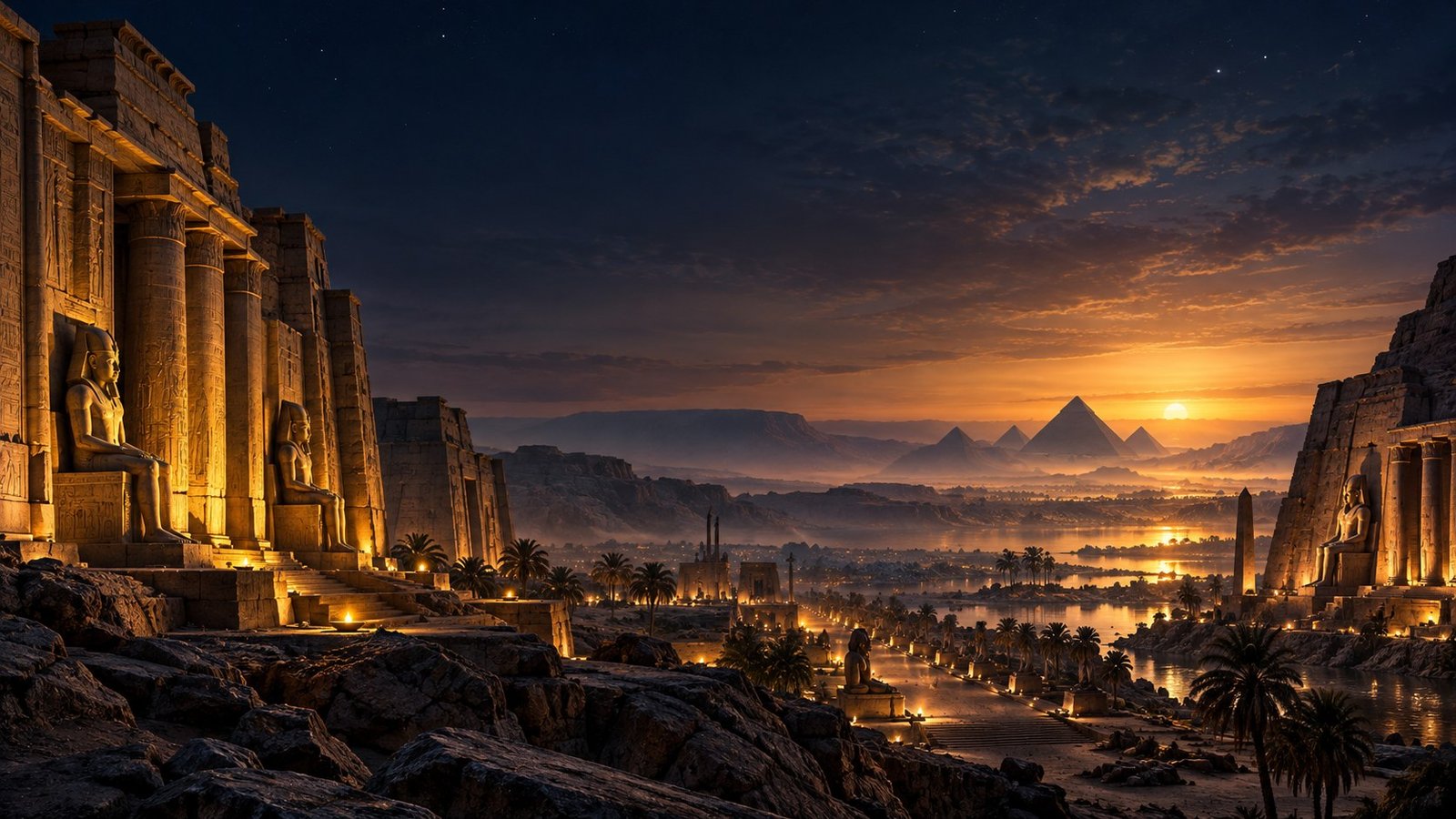 Paysage imaginaire de temples égyptiens et de pyramides lointaines au crépuscule